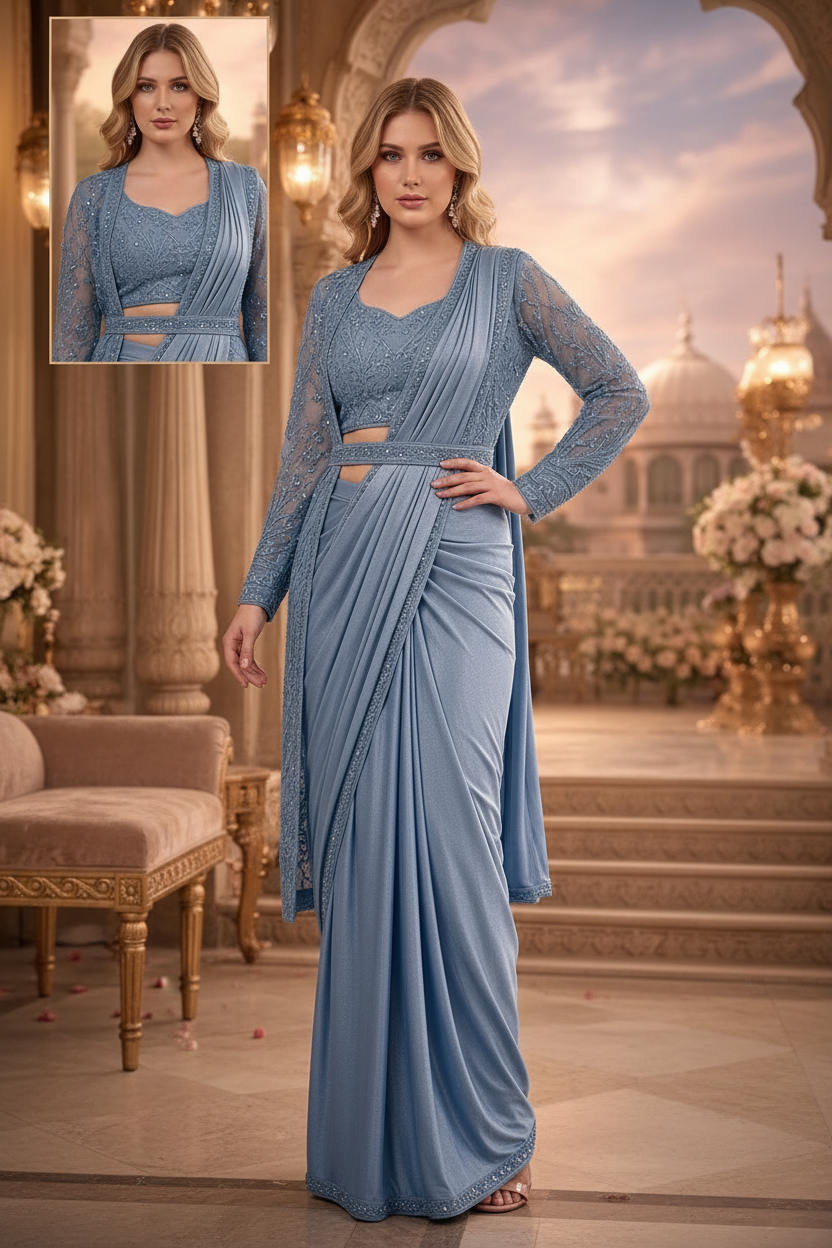 American woman wearing The Azure Veil Pre-Draped Saree by ZIVAARA Studio at an Indian wedding