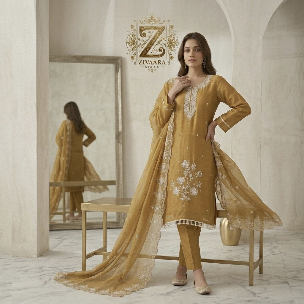Luxurious Antique Mustard Gold Embroidered Silk Kurta - Silk Kurta Set by ZIVAARA Studio