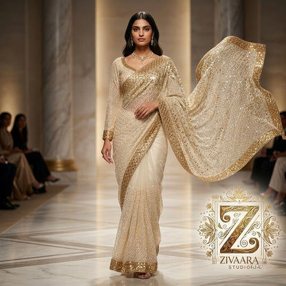 Elegant Ivory Gold Heritage Ensemble - Saree by ZIVAARA Studio