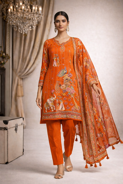 Rang Mahal Heritage Printed Silk Kurta side view - Silk Kurta Set by ZIVAARA Studio