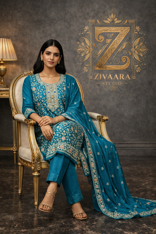 Exquisite Neel Pushp Floral Zari Embroidered Silk Kurta - Silk Kurta Set by ZIVAARA Studio