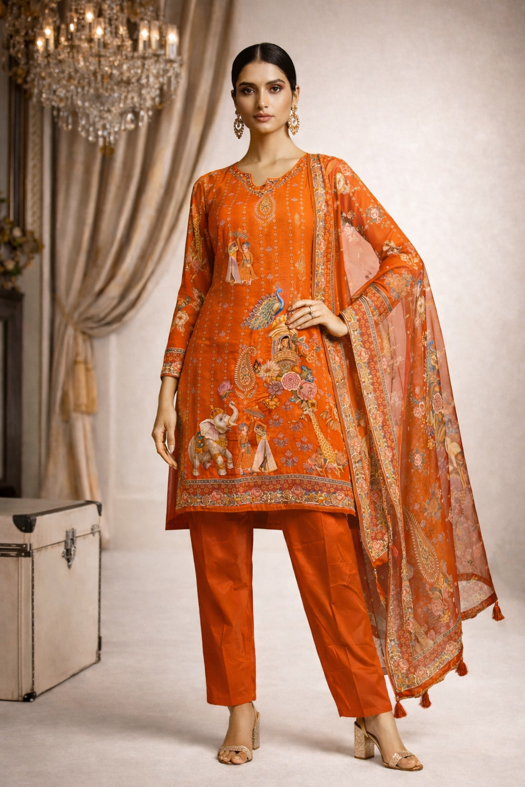 Majestic Rang Mahal Heritage Printed Silk Kurta - Silk Kurta Set by ZIVAARA Studio