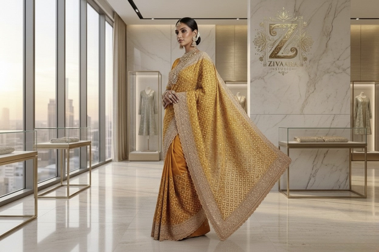 Golden Lattice Royale Saree drape detail - Saree by ZIVAARA Studio 