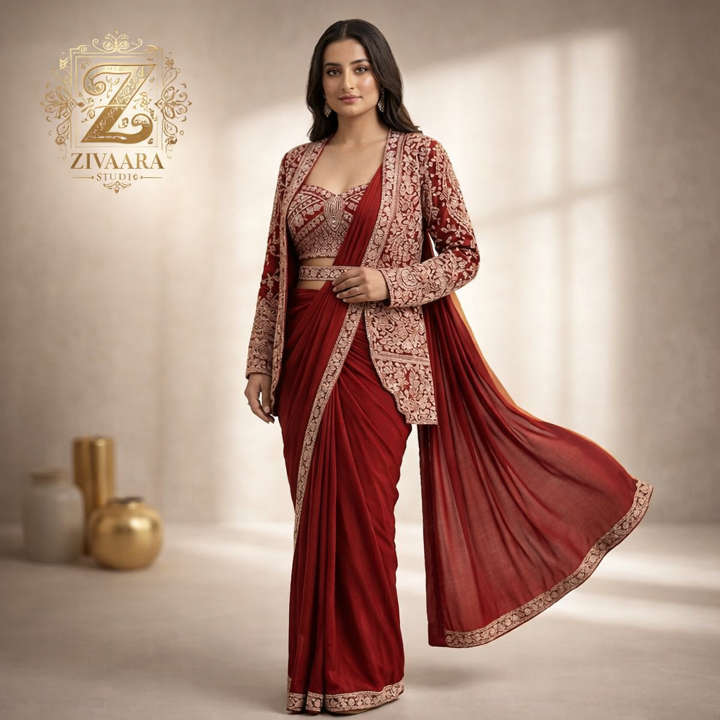 Stunning Crimson Atelier Drape Collection - Saree by ZIVAARA Studio