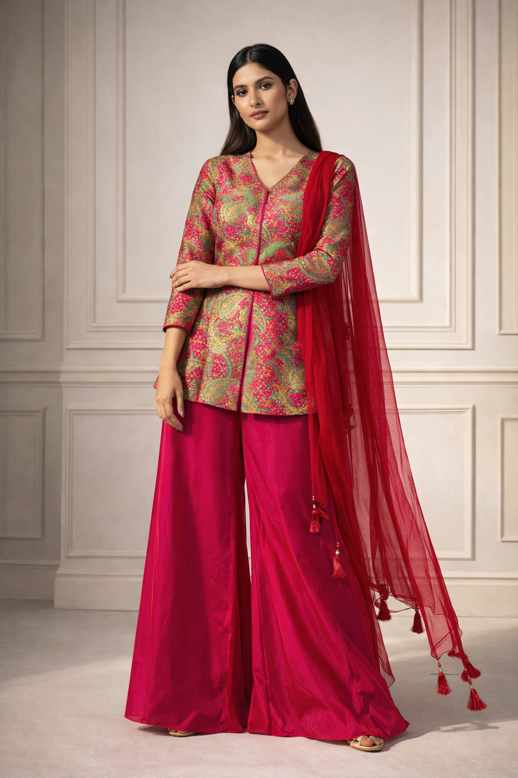 Luxury rani pink embroidered jacket with gold paisley motifs — ZIVAARA Studio