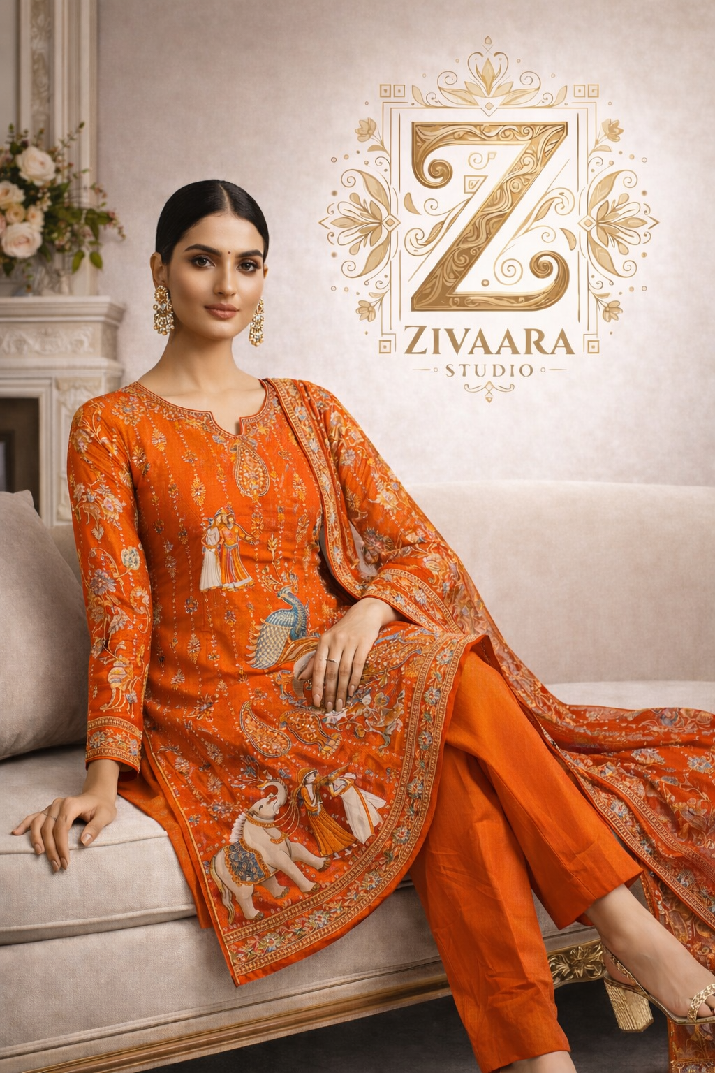 Rang Mahal Heritage Printed Silk Kurta detail view - Silk Kurta Set by ZIVAARA Studio