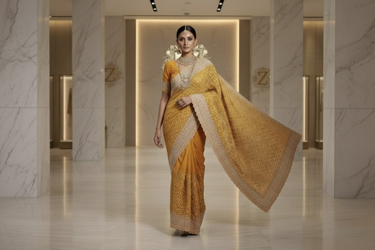 Golden Lattice Royale Saree full length view - Saree by ZIVAARA Studio