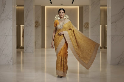 Golden Lattice Royale Saree full length view - Saree by ZIVAARA Studio