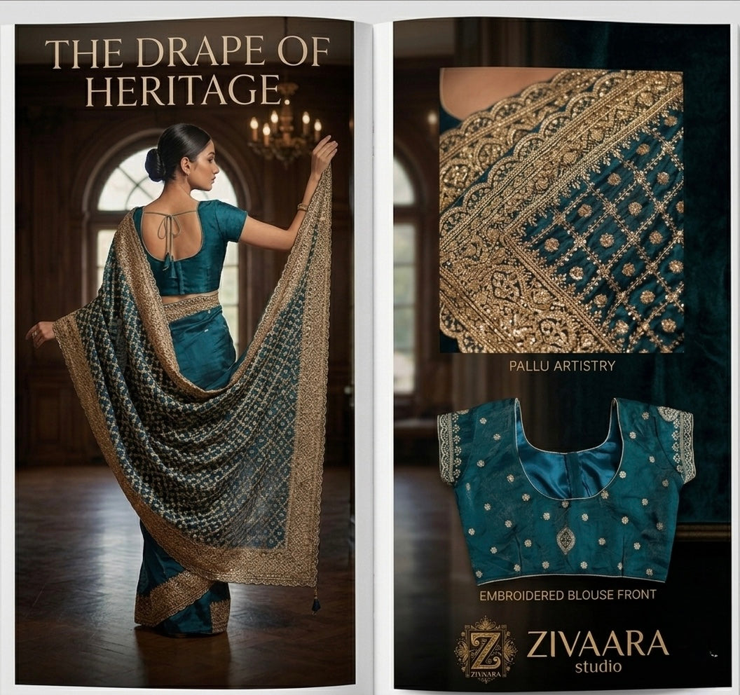 Teal Heritage Drape full length view - Saree by ZIVAARA Studio