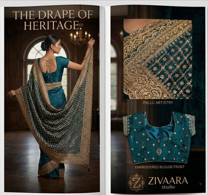 Teal Heritage Drape full length view - Saree by ZIVAARA Studio