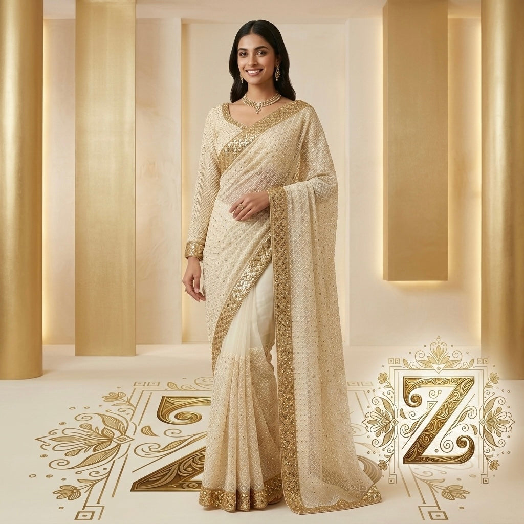 Ivory Gold Heritage Ensemble side view - Saree by ZIVAARA Studio