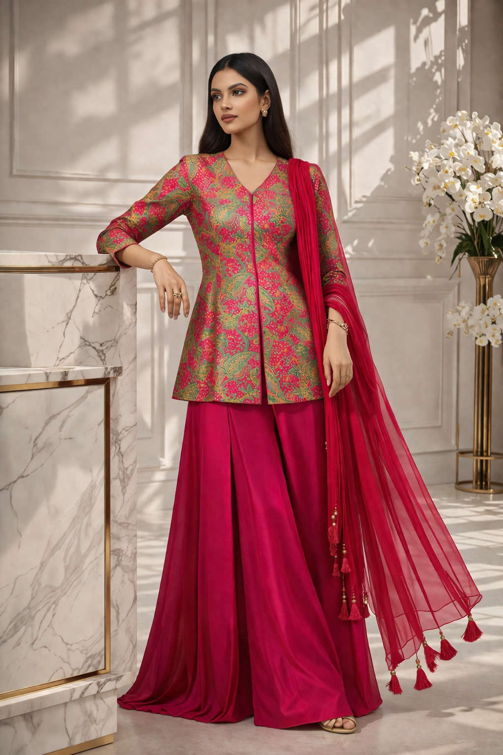Wide-leg satin palazzo pants with sheer dupatta and tassels — ZIVAARA Studio