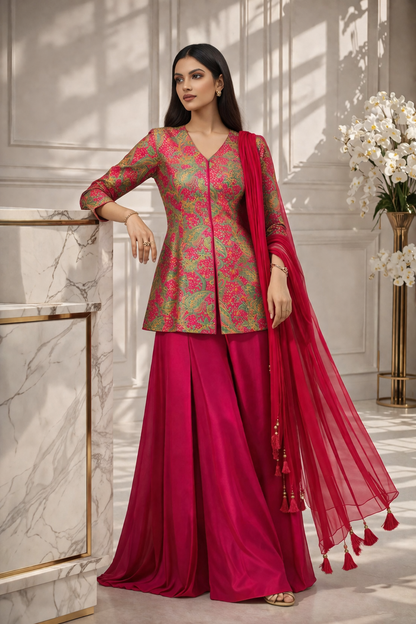 Wide-leg satin palazzo pants with sheer dupatta and tassels — ZIVAARA Studio