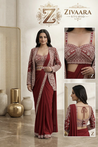Model wearing Crimson Atelier Drape Collection - Saree by ZIVAARA Studio