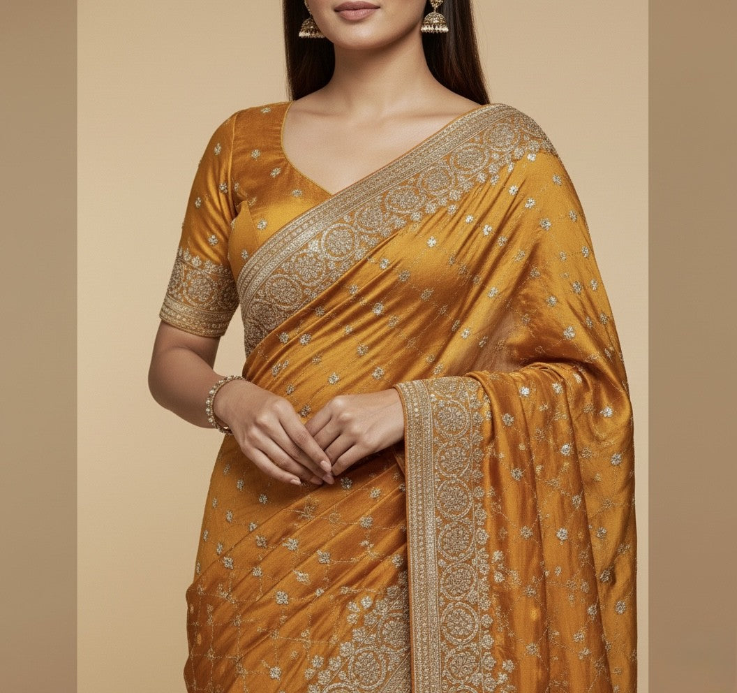 Golden Lattice Royale Saree side view - Saree by ZIVAARA Studio