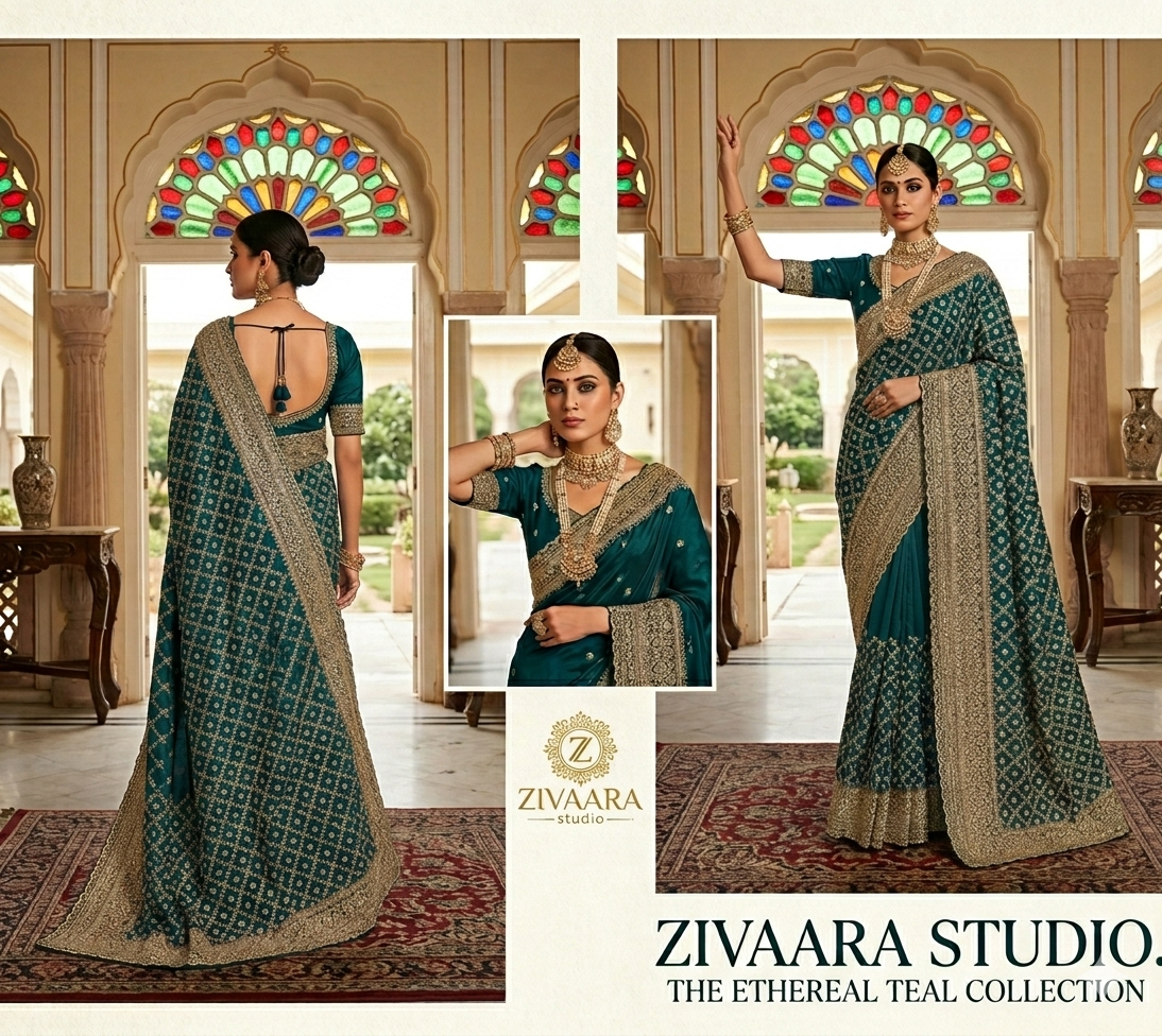 Model wearing Teal Heritage Drape - Saree by ZIVAARA Studio