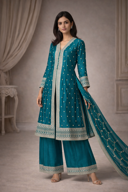 Emerald Veil Zari Embroidered Anarkali side view - Anarkali Suit by ZIVAARA Studio