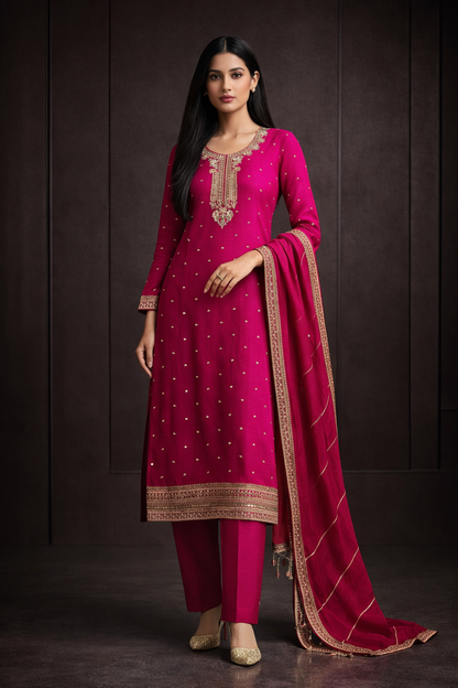 Model wearing Rani Noor Pink Embroidered Silk Kurta - Silk Kurta Set by ZIVAARA Studio