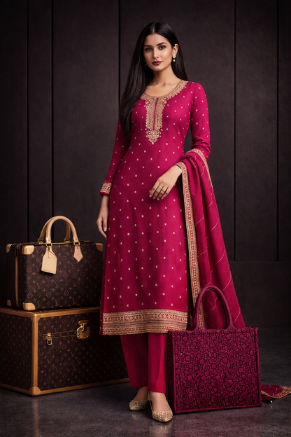 Rani Noor Pink Embroidered Silk Kurta detail view - Silk Kurta Set by ZIVAARA Studio