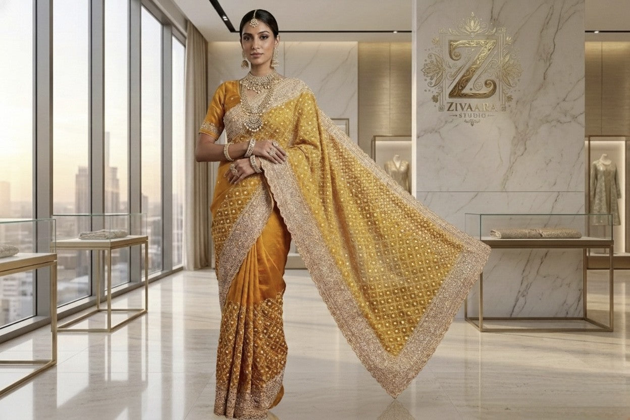 Luxurious Golden Lattice Royale Saree - Saree by ZIVAARA Studio