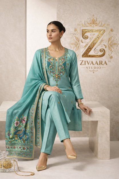 Teal Phoenix Kurta Set side view - Kurta Set by ZIVAARA Studio