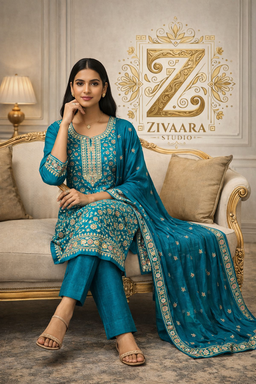 Model wearing Neel Pushp Floral Zari Embroidered Silk Kurta - Silk Kurta Set by ZIVAARA Studio