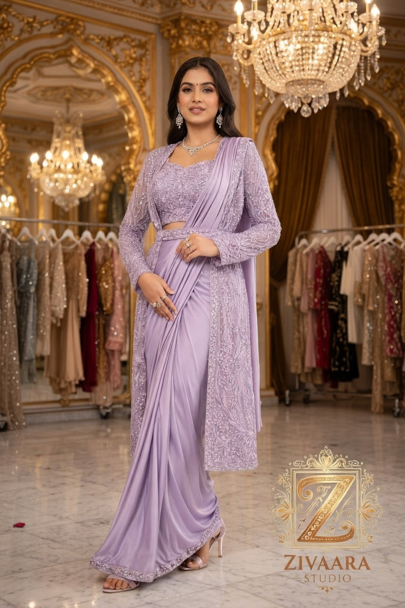 Lavender Amethyste Drape Saree embroidery detail - Saree by ZIVAARA Studio