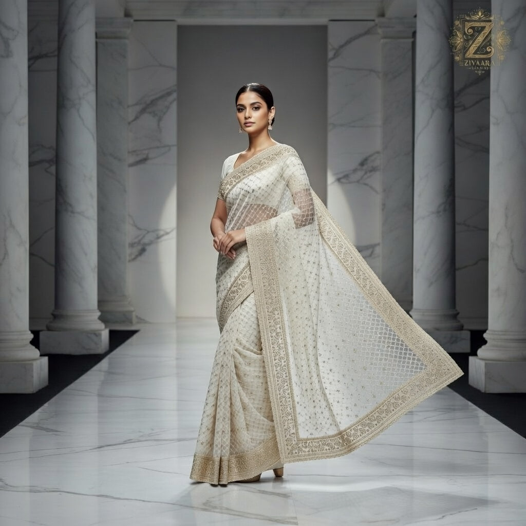 Model wearing Timeless Elegance Saree - Saree by ZIVAARA Studio