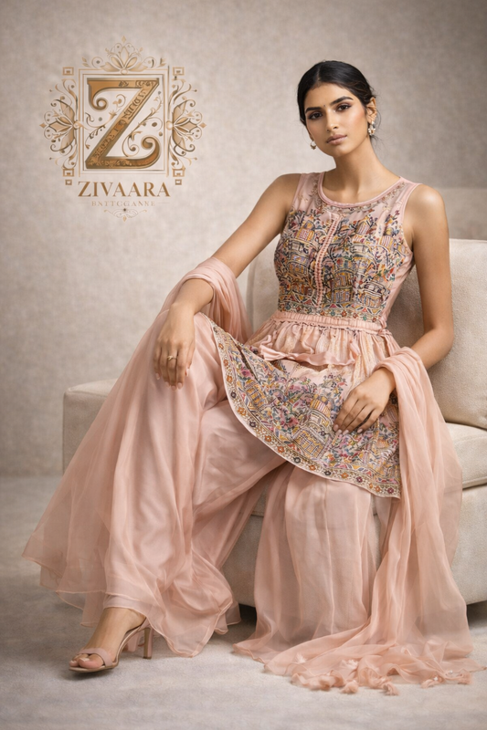 Romantic Blush Heritage Peplum Set - Peplum Kurta Set by ZIVAARA Studio