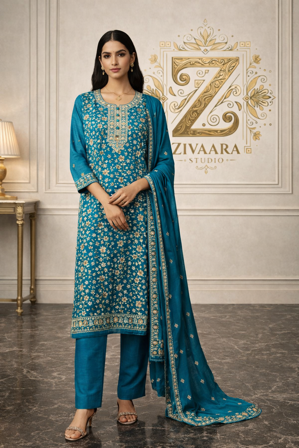 Neel Pushp Floral Zari Embroidered Silk Kurta side view - Silk Kurta Set by ZIVAARA Studio