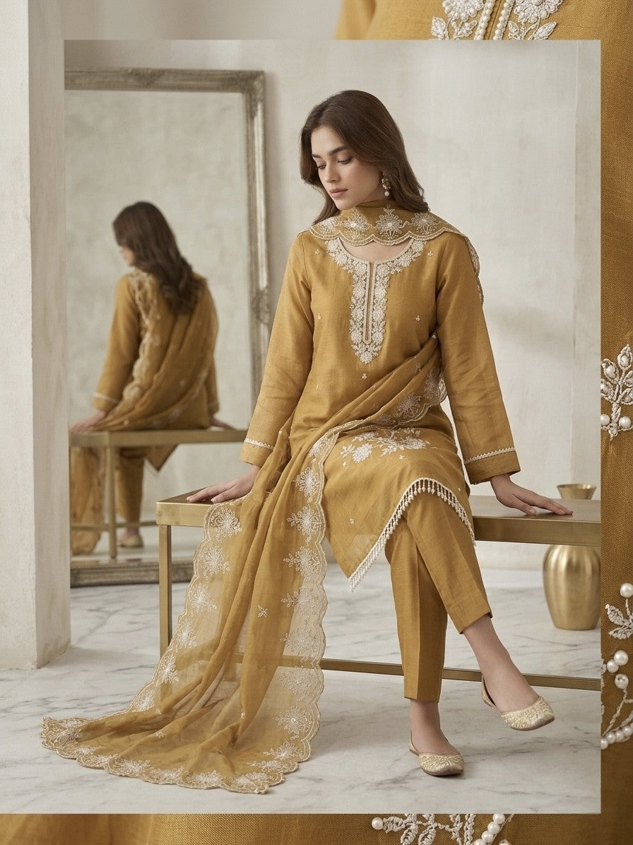 Antique Mustard Gold Embroidered Silk Kurta side view - Silk Kurta Set by ZIVAARA Studio