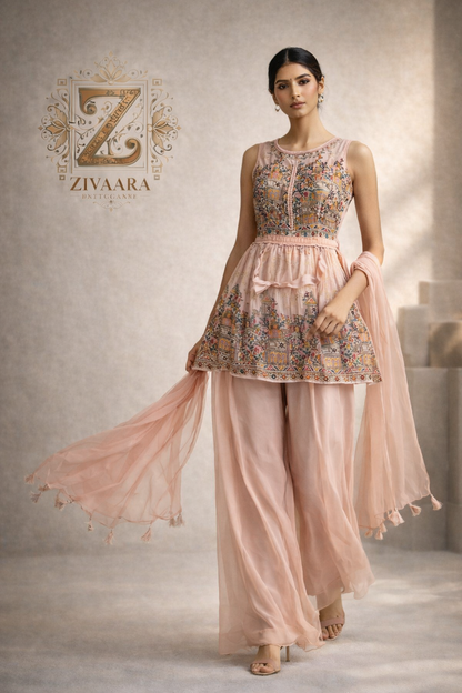 Blush Heritage Peplum Set side view - Peplum Kurta Set by ZIVAARA Studio