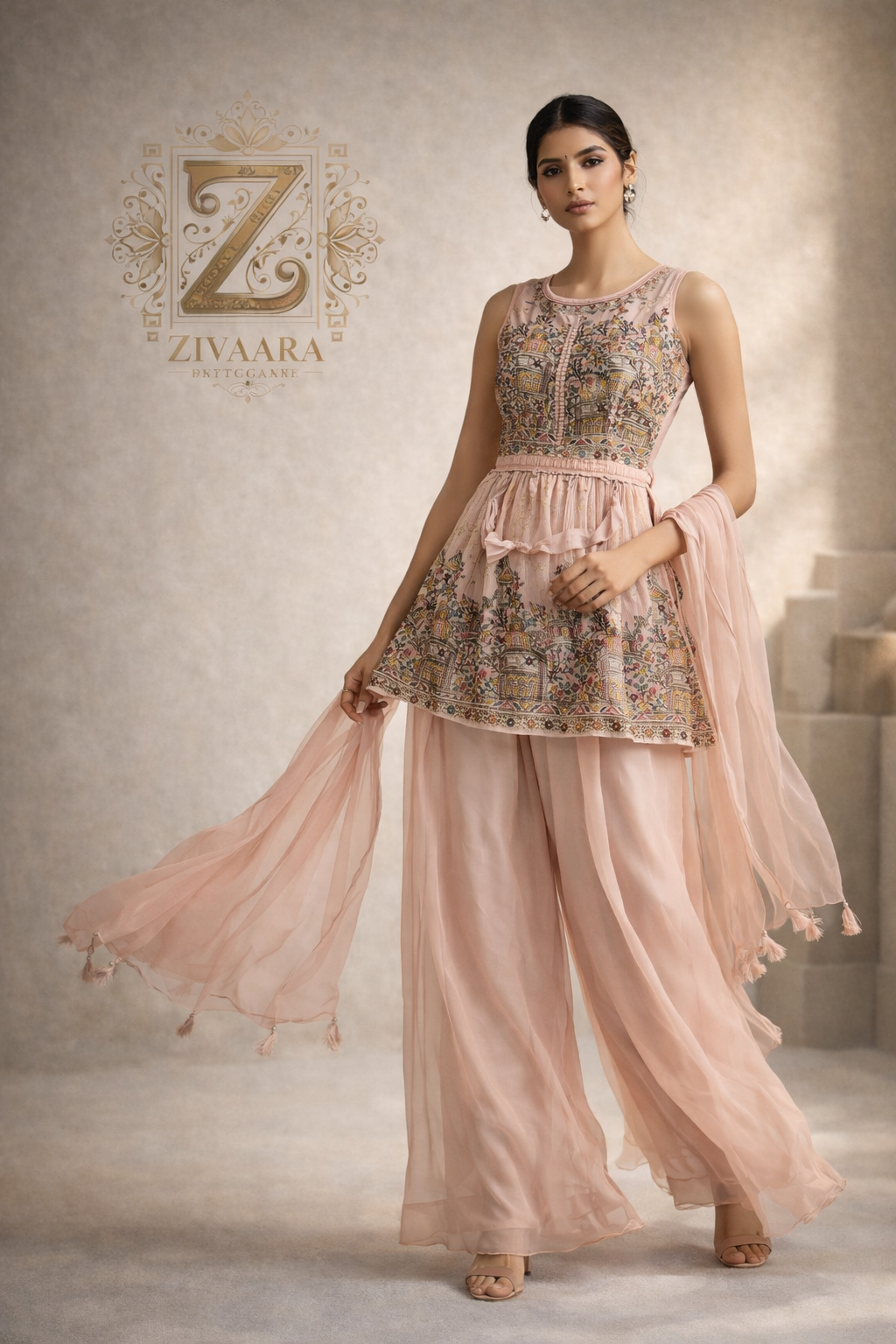 Model wearing Blush Heritage Peplum Set - Peplum Kurta Set by ZIVAARA Studio