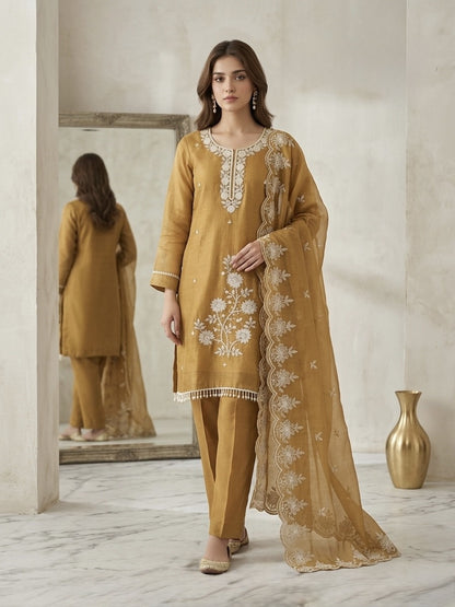Antique Mustard Gold Silk Kurta detail view - Silk Kurta Set by ZIVAARA Studio