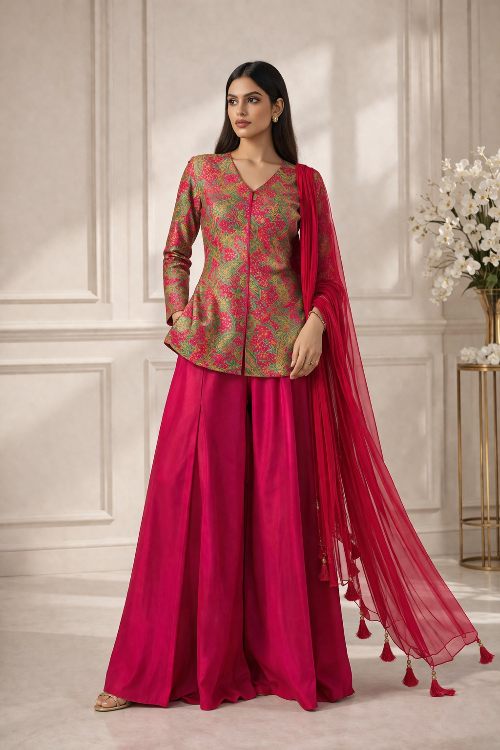 Rani pink festive outfit for wedding sangeet — ZIVAARA Studio paisley set