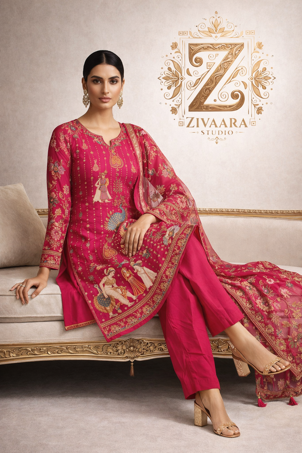 Rang Mahal Heritage Printed Silk Kurta detail view - Silk Kurta Set by ZIVAARA Studio