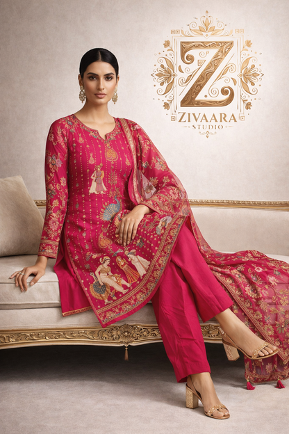 Rang Mahal Heritage Printed Silk Kurta detail view - Silk Kurta Set by ZIVAARA Studio
