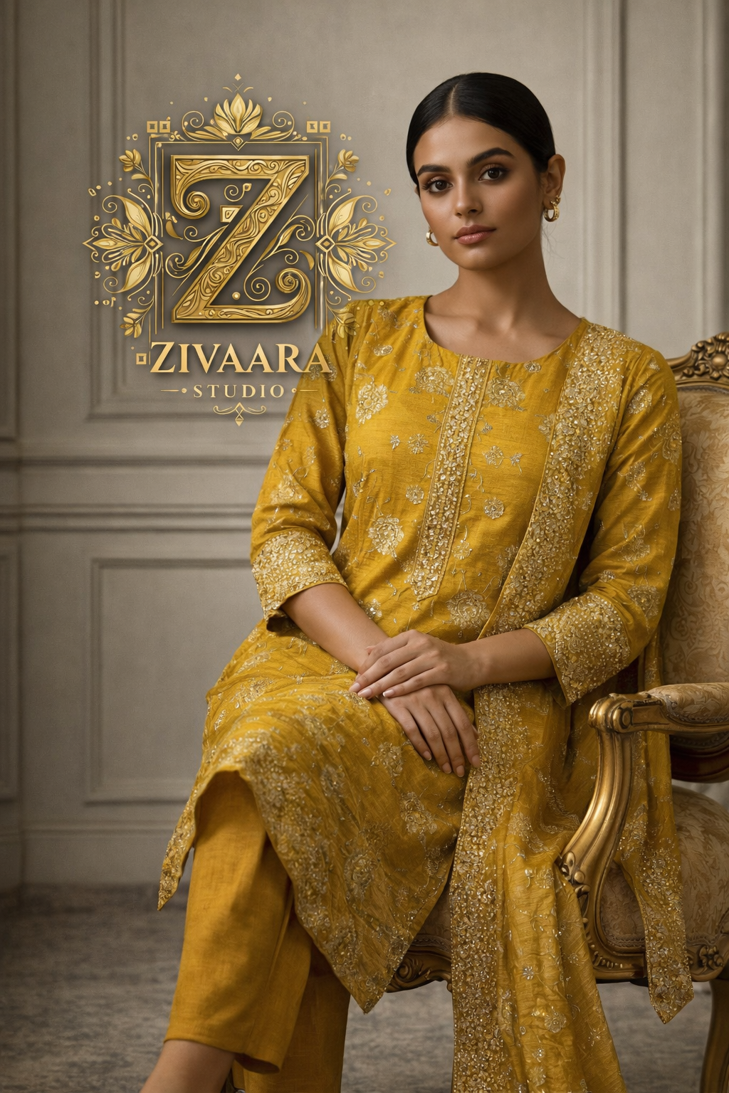 Golden Sunehri Noor Zari Embroidered Silk Kurta - Silk Kurta Set by ZIVAARA Studio