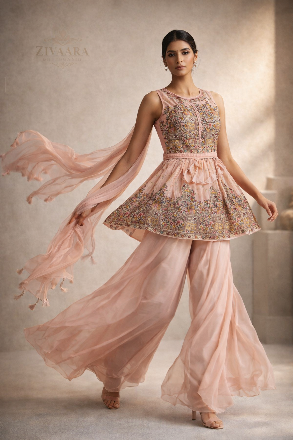Blush pink peplum kurta set detail - ZIVAARA Studio