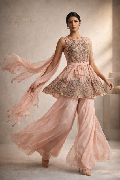 Blush pink peplum kurta set detail - ZIVAARA Studio