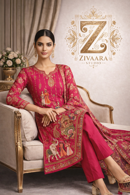 Rang Mahal Heritage Printed Silk Kurta side view - Silk Kurta Set by ZIVAARA Studio