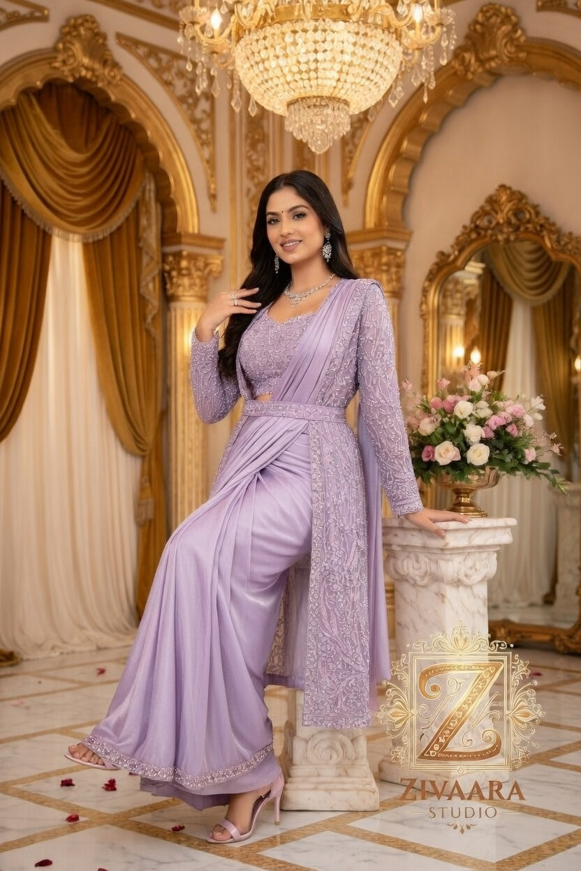 Model wearing Lavender Amethyste Drape Saree - Saree by ZIVAARA Studio