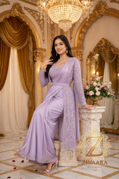 Model wearing Lavender Amethyste Drape Saree - Saree by ZIVAARA Studio