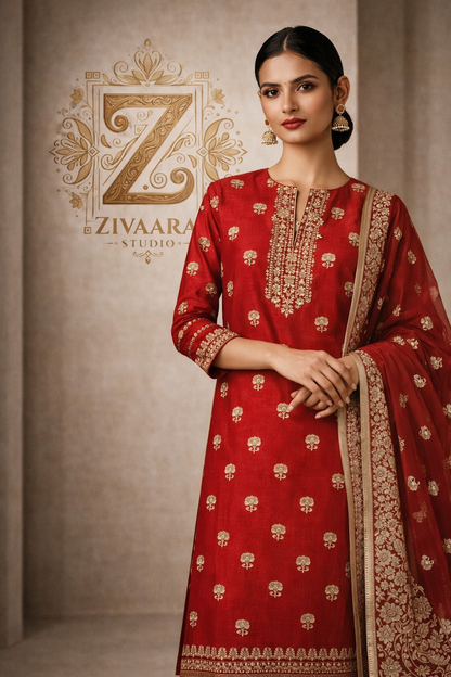 Ruhani Red Zari Embroidered Silk Kurta side view - Silk Kurta Set by ZIVAARA Studio