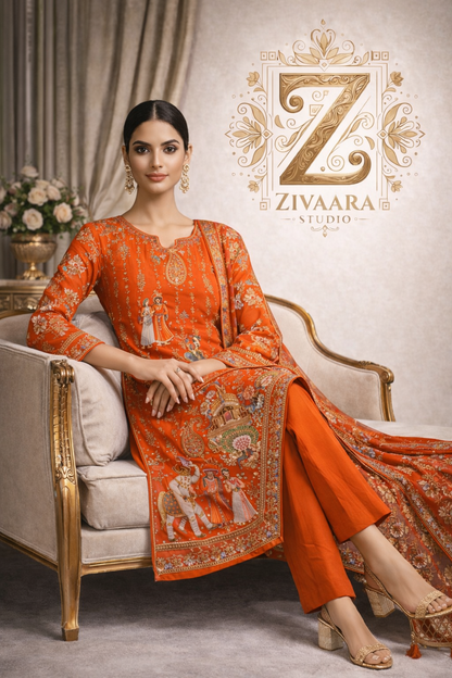 Model wearing Rang Mahal Heritage Printed Silk Kurta - Silk Kurta Set by ZIVAARA Studio