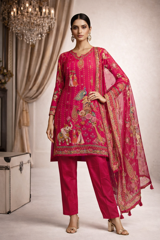 Majestic Rang Mahal Heritage Printed Silk Kurta - Silk Kurta Set by ZIVAARA Studio