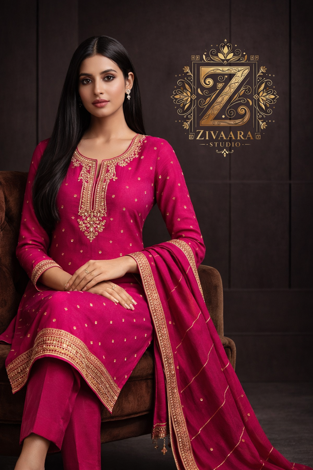 Regal Rani Noor Pink Embroidered Silk Kurta - Silk Kurta Set by ZIVAARA Studio