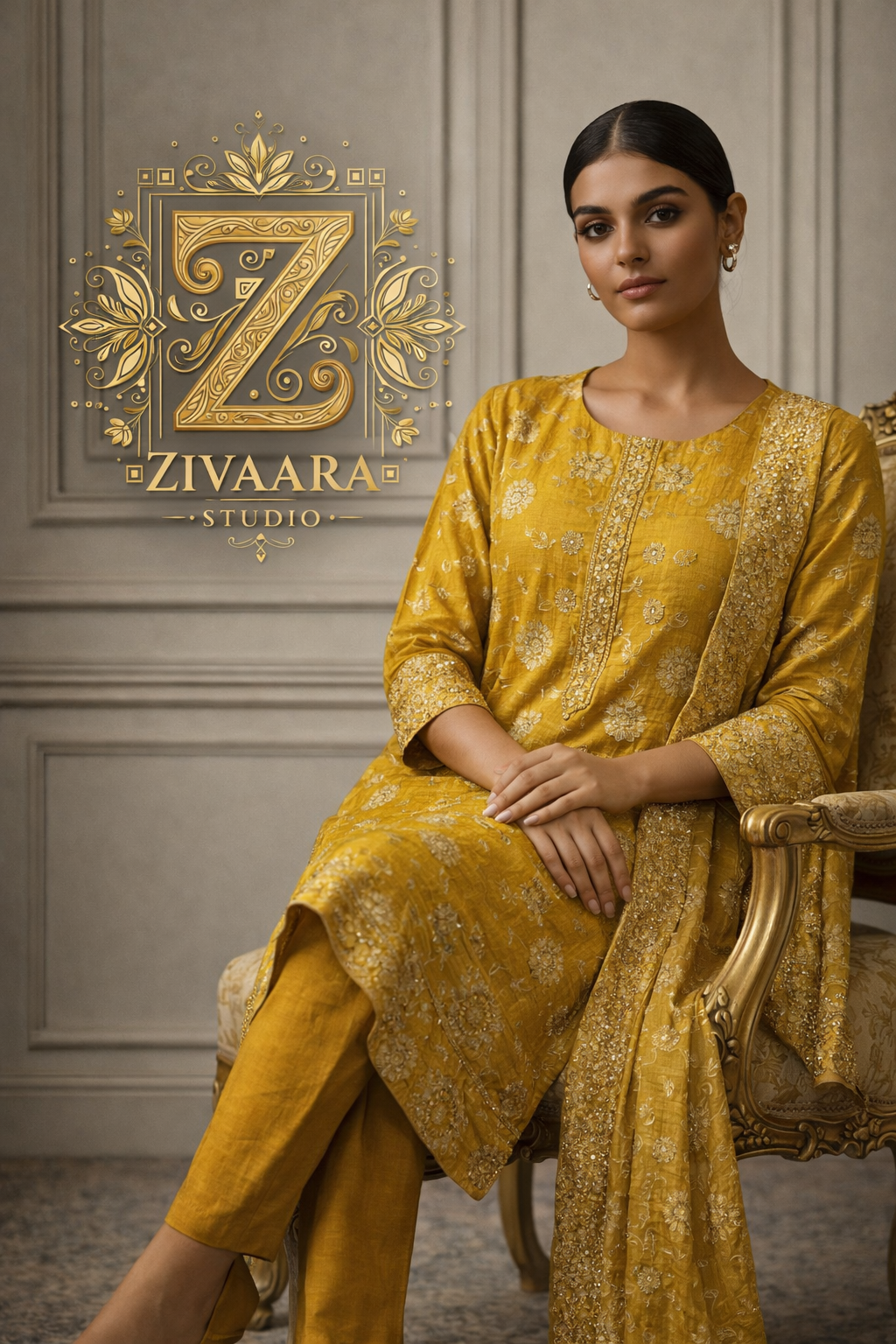 Sunehri Noor Zari Embroidered Silk Kurta side view - Silk Kurta Set by ZIVAARA Studio