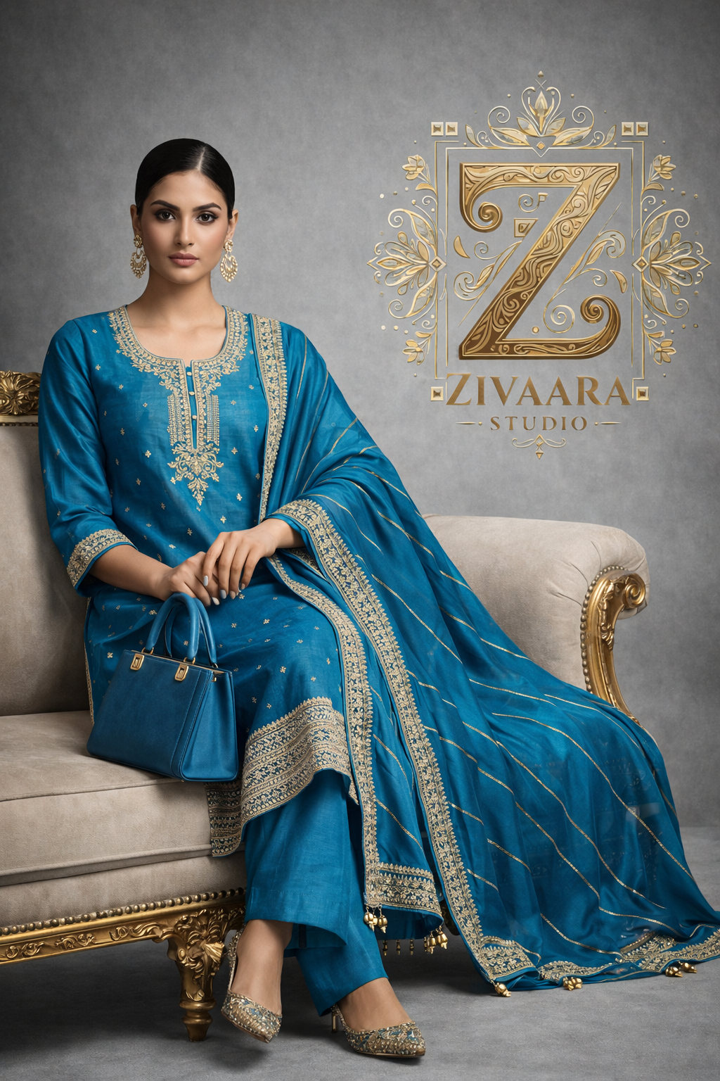 Royal Teal Zari Embroidered Silk Kurta - Silk Kurta Set by ZIVAARA Studio