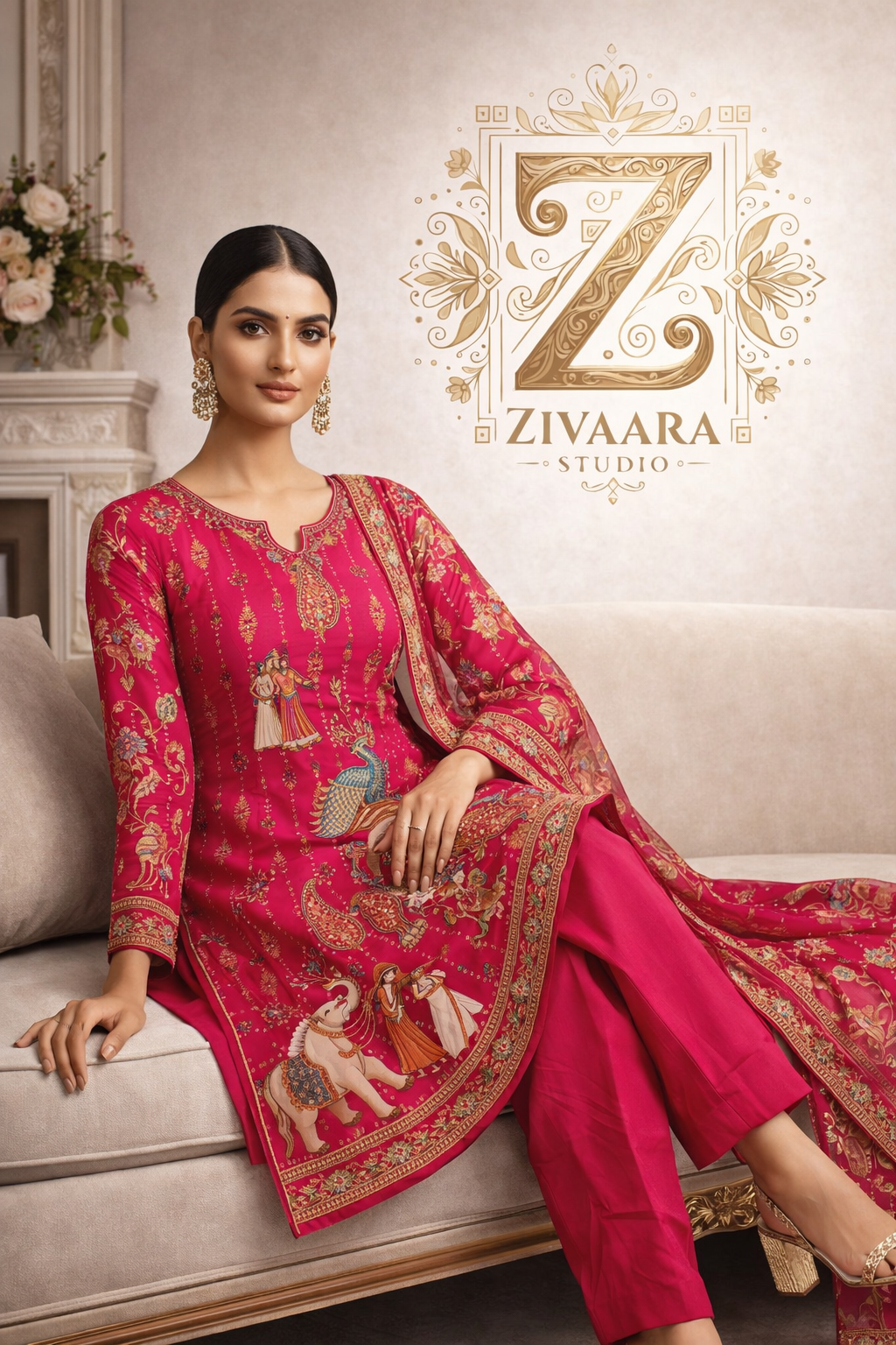 Model wearing Rang Mahal Heritage Printed Silk Kurta - Silk Kurta Set by ZIVAARA Studio